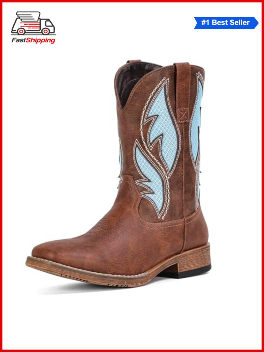 ✨ IUV Men's Western Cowboy Boots Square Toe Faux Leather Pull On